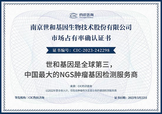 世和基因荣获CIC灼识咨询“中国最大的NGS<em>肿瘤基因检测</em>服务商...