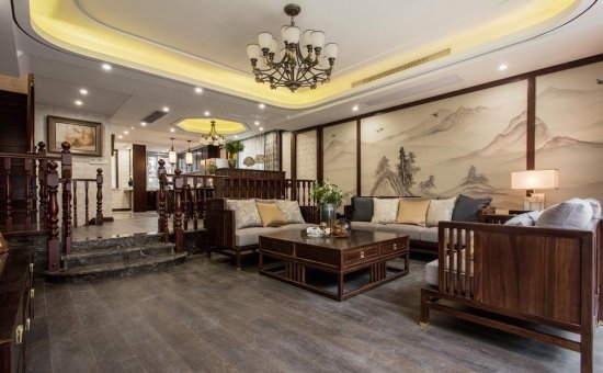 250平<em>新中式别墅</em>开放式设计，灰白色系胡桃木搭配的客厅太美了