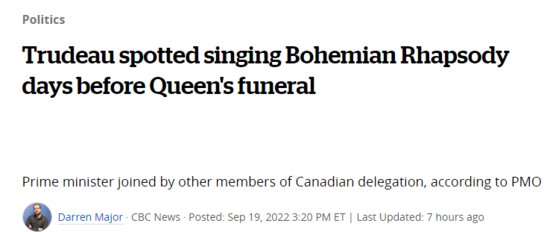 英女王葬礼前夕，特鲁多被拍到在伦敦酒店高唱《<em>波西米亚狂想曲</em>...