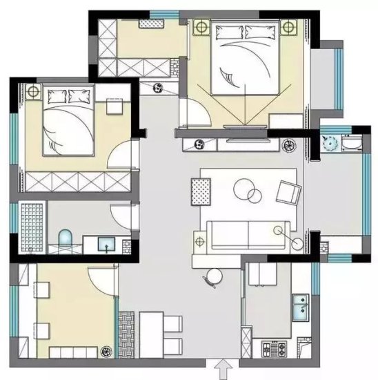 <em>100平左右</em>的可以这样设计，三室一厅，还有衣帽间和厨房