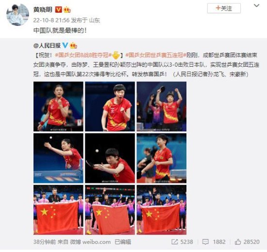黄晓明发文庆祝国乒女团夺冠：中国队就是<em>最棒的</em>