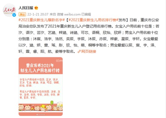 重庆市公安局：2021年新生儿爆款名字<em> 若汐</em>、沐宸“霸榜”！