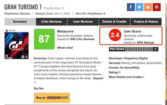 《GT7》M站评分降至2.4分 成索尼M站分数最低作品