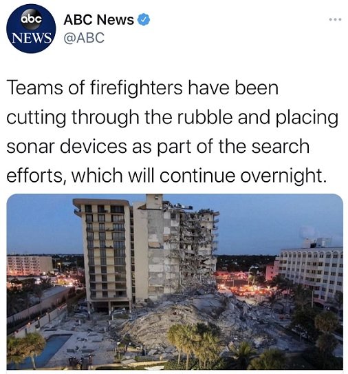 <em>最新</em>消息！美国公寓楼<em>坍塌</em>事故已致11死 仍有150人下落不明