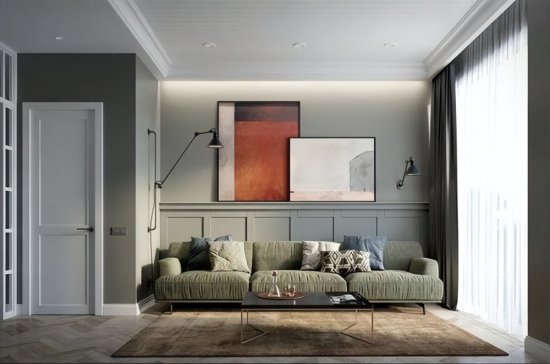 100平现代简约风二居室，客厅棕色＋绿茶色设计太耐看了