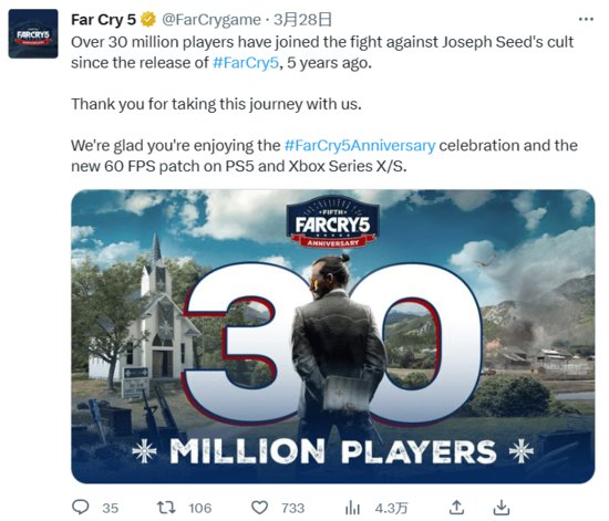 育碧《<em>孤岛惊魂</em>5》游戏玩家人数突破3000万 于2018年3月27日...