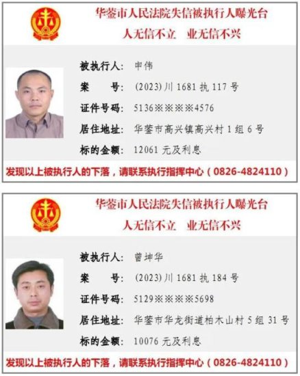 华蓥市人民法院2023年第二批失信被执行人曝光